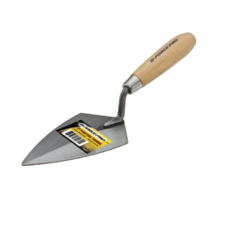 The G-FORCE 70031 Pointing Trowel has a robust wood handle and durable stainless steel blade, featuring a label with text and barcodes.