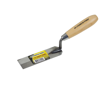 The G-FORCE MARGIN 70011 trowel features a 5 in. x 2 in. flat stainless steel blade connected to an angled wood handle and comes with a product tag on the blade.