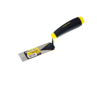 Close-up of the G-FORCE MARGIN TROWEL 70014, featuring a black and yellow Ego Grip Handle and a rectangular stainless steel blade with a label and barcode, set against a plain white background.