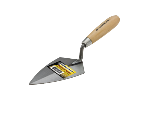 The G-FORCE 70035 7 in. Pointing Trowel by G FORCE features a wooden handle and flat, pointed stainless steel blade with a yellow and black label affixed, displaying a barcode and product details for effective mortar joint handling.