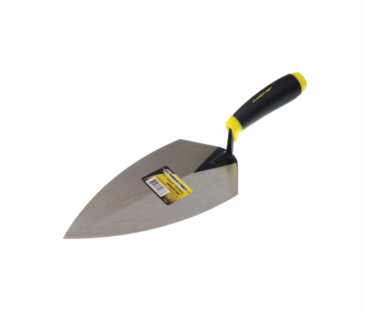 The G-FORCE 70037 10 in. Philadelphia Brick Trowel by G FORCE features a stainless steel blade, a black Ergo Grip Handle with a yellow end, and an easily identifiable label near the handle.