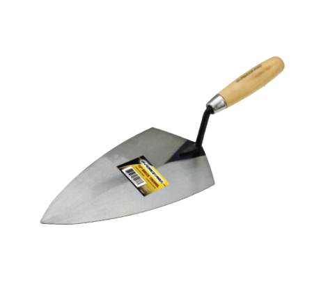 The G-FORCE 70039 London Brick Trowel features a 10-inch flat, triangular stainless steel blade and a wooden handle, with a yellow and black label ideal for smoothing mortar joints.