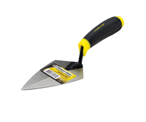 The G-FORCE 70060 5 in. Pointing Trowel features a black and yellow Ergo Grip handle and stainless steel blade. A barcode label suggests its new or on sale, standing upright for display.