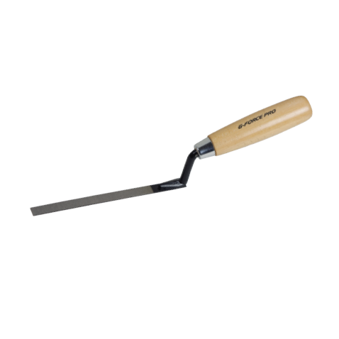 The G-FORCE 70251 Tuck Pointer features a wooden handle and a 3/8 in. x 6 in. stainless steel blade for precision tasks, ideal for mortar joints, branded with G-FORCE PRO.