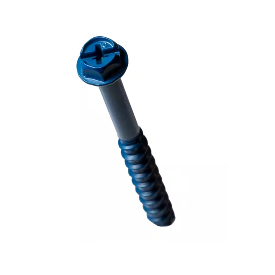 Close-up of a blue metallic Simpson Strong-Tie Titen Turbo 1/4 in. x 3-3/4 in. Hex Head Concrete Screw, highlighting its reverse thread design and cylindrical top, with a threaded bottom against a white background.