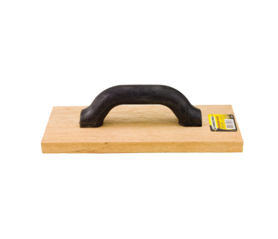 The G FORCE G-Force 12 in. x 5 in. Redwood Float features a wooden handle and is imaged on a white background. A yellow and black tag is attached to one corner, making this essential smoothing tool ideal for concrete leveling tasks.