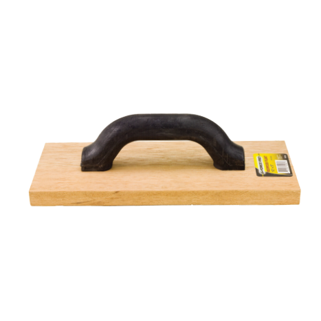 The G FORCE G-Force 12 in. x 5 in. Redwood Float features a wooden handle and is imaged on a white background. A yellow and black tag is attached to one corner, making this essential smoothing tool ideal for concrete leveling tasks.