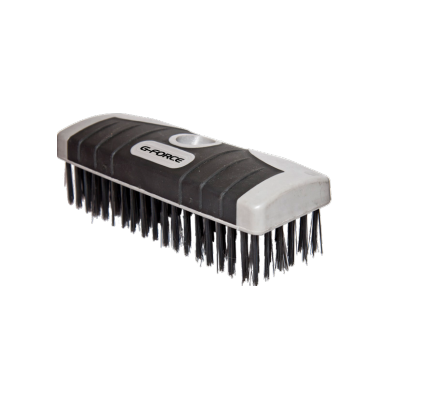 The G-FORCE 44438 is a 6 in. x 19 in. wire brush with black bristles and a silver and black handle, featuring a soft grip and G-FORCE marked button for heavy-duty cleaning.