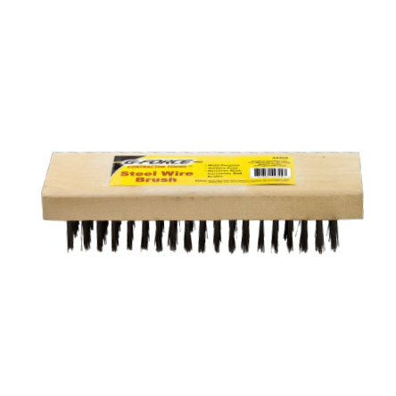 The G-FORCE 44459 6 in. x 19 in. Wood Handle Block Steel Wire Brush by G FORCE features dense, dark high carbon steel bristles on a rectangular wooden handle, ideal for cleaning and refinishing tasks, complete with a yellow label and text on top.