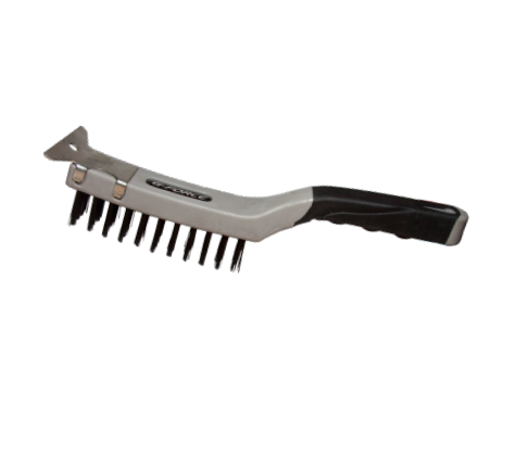 The G-FORCE 44430 Soft Grip Wire Brush by G FORCE boasts high-carbon steel bristles and an integrated metal scraper, perfect for removing rust and tough residues from grill grates.