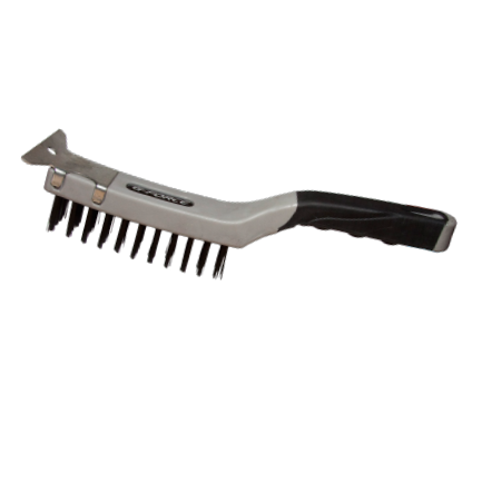 The G-FORCE 44430 Soft Grip Wire Brush by G FORCE boasts high-carbon steel bristles and an integrated metal scraper, perfect for removing rust and tough residues from grill grates.