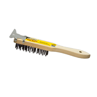 The G-FORCE 44455 is a 4 in. x 11 in. wood handle steel wire brush by G FORCE, ideal for rust removal. It has black steel bristles, a metal scraper on top, and a hanging hole at the end, with a yellow label on the handle.