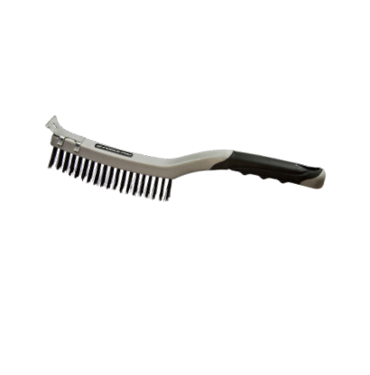 The G-FORCE 3 in. x 19 in. Soft Grip Steel Wire Brush With Scraper by G FORCE features a durable silver metal head with black bristles and a curved black and gray handle for comfort, perfect for rust removal to keep your grill pristine. Isolated on a white background.