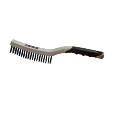 The G FORCE G-FORCE 44405 steel wire brush features a soft grip gray handle with black accents and high carbon steel bristles for cleaning and refinishing. The curved handle tapers into durable black bristles, set against a white background.