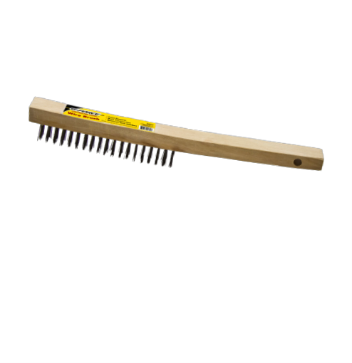 The G-FORCE 44452 brush, measuring 3 in. x 19 in., has a wooden handle and dense high carbon steel bristles ideal for cleaning wrought iron. It features a storage hole and a yellow label with text and barcode for a functional design.