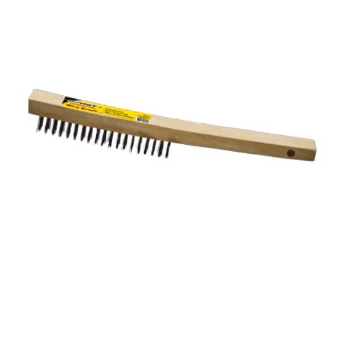 The G-FORCE 44452 brush, measuring 3 in. x 19 in., has a wooden handle and dense high carbon steel bristles ideal for cleaning wrought iron. It features a storage hole and a yellow label with text and barcode for a functional design.