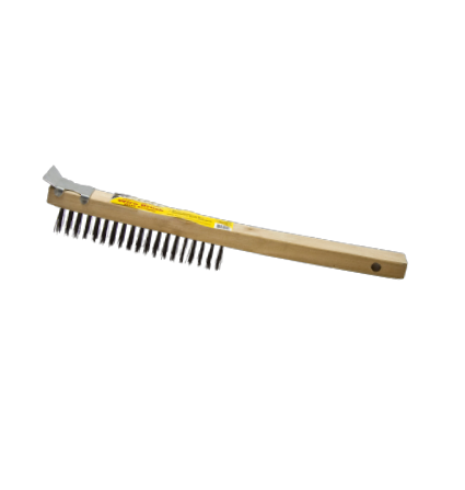 The G FORCE G-FORCE 44453 is a versatile wire brush with a strong wood handle and steel bristles, featuring a scraper for debris removal and a hole for hanging convenience.