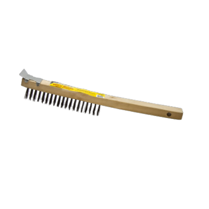 The G FORCE G-FORCE 44453 is a versatile wire brush with a strong wood handle and steel bristles, featuring a scraper for debris removal and a hole for hanging convenience.