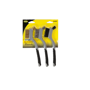 The G FORCE 44403 3-Piece Mini Wire Brush Set features brushes with brass, stainless steel, and nylon bristles. They have grey handles with black grips and are packaged in striking yellow and black.