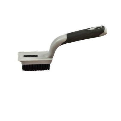 The G-FORCE 44420, from brand G FORCE, is a 5 in. x 11 in. wide gray and black nylon wire brush with scraper and firm bristles. Its short soft grip handle with text label offers enhanced comfort and control for effective cleaning.