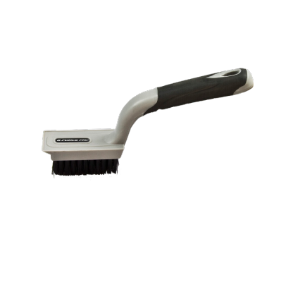 The G-FORCE 44420, from brand G FORCE, is a 5 in. x 11 in. wide gray and black nylon wire brush with scraper and firm bristles. Its short soft grip handle with text label offers enhanced comfort and control for effective cleaning.