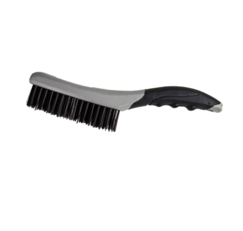 The G-FORCE 44436 Shoe Handle Wire Brush from G FORCE is shown against a white background. It features a curved handle with a soft, textured grip for easy holding and stiff bristles, making it ideal for surface preparation tasks.