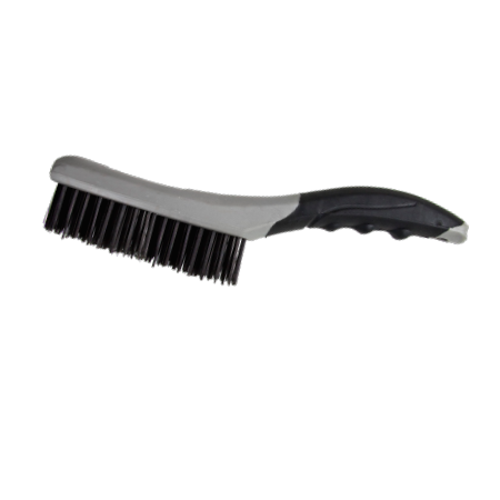 The G-FORCE 44436 Shoe Handle Wire Brush from G FORCE is shown against a white background. It features a curved handle with a soft, textured grip for easy holding and stiff bristles, making it ideal for surface preparation tasks.