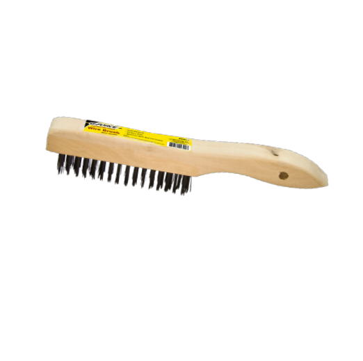 The G-FORCE 44457, 4 in. x 16 in. Wood Shoe Handle Steel Wire Brush by G FORCE, features black bristles on a light wood handle with a yellow label and hanging hole. Ideal for rust removal and surface prep, the bristles are arranged in straight rows. Image on a plain white background.