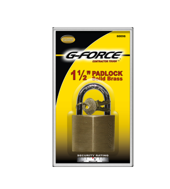 The G-FORCE 60084 1 in. solid brass padlock, with a black shackle and Contractor Tough durability, features a Security Rating chart for its corrosion resistance. Designed for reliability, it is showcased in striking yellow and black.