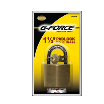 The G-FORCE 60084 1 in. solid brass padlock, with a black shackle and Contractor Tough durability, features a Security Rating chart for its corrosion resistance. Designed for reliability, it is showcased in striking yellow and black.