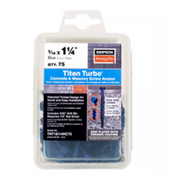 The 75-pack of Simpson Strong-Tie Titen Turbo 3/16 in. x 1-1/4 in. Hex Head Concrete Screws features a patent design for easy installation, with a zinc-plated and ceramic-coated finish. They include a driver bit and the Torque Reduction Channel ensures easy setting even in tough materials.