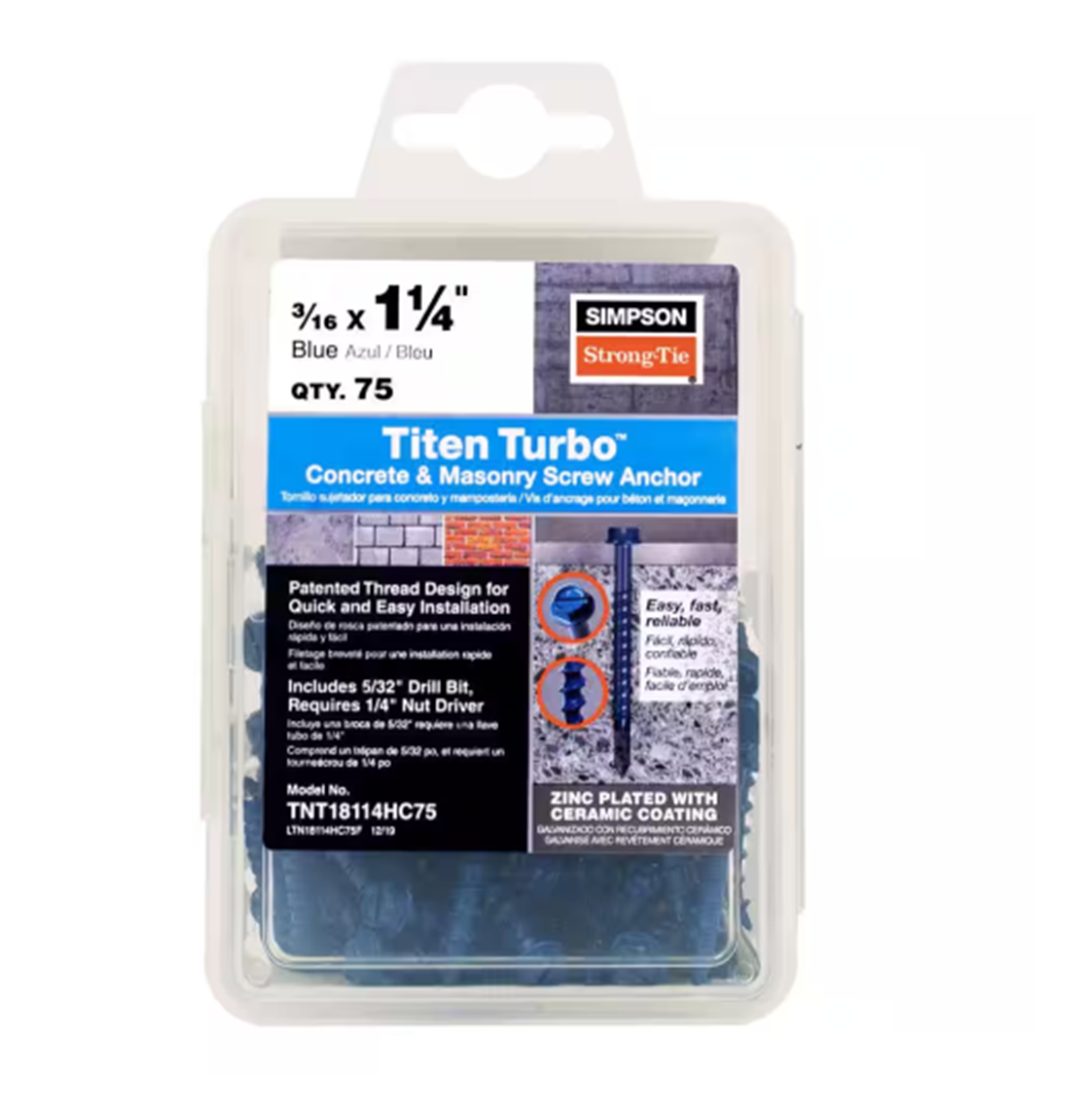 The 75-pack of Simpson Strong-Tie Titen Turbo 3/16 in. x 1-1/4 in. Hex Head Concrete Screws features a patent design for easy installation, with a zinc-plated and ceramic-coated finish. They include a driver bit and the Torque Reduction Channel ensures easy setting even in tough materials.