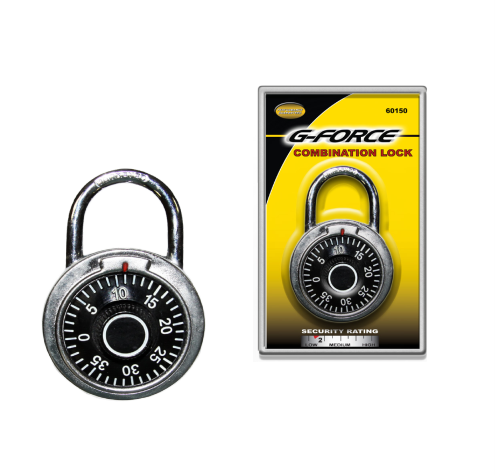 The G FORCE 60150 padlock features a round silver design, hardened shackle, and black dial with white numbers and red arrow. Packaged against a yellow and black background, it boasts Security Rating: 4 for keyless convenience.