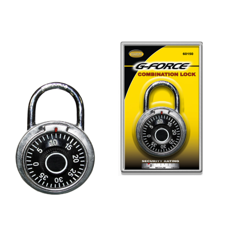 The G FORCE 60150 padlock features a round silver design, hardened shackle, and black dial with white numbers and red arrow. Packaged against a yellow and black background, it boasts Security Rating: 4 for keyless convenience.