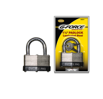 A G-FORCE 1-1/4 in. Steel Laminated Padlock with a chrome hardened shackle is presented next to its duplicate in packaging, complete with keys. The black and yellow design highlights detailed product info and showcases the padlocks dual locking levers for extra security.