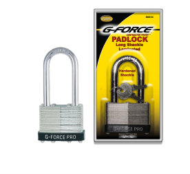 A G-Force 1-1/2 in. Long Shackle Steel Laminated Padlock by G FORCE, in silver and green with dual locking levers, is shown next to its yellow and black packaging that features an image of the lock and highlights the Hardened Shackle.