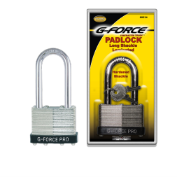 A G-Force 1-1/2 in. Long Shackle Steel Laminated Padlock by G FORCE, in silver and green with dual locking levers, is shown next to its yellow and black packaging that features an image of the lock and highlights the Hardened Shackle.