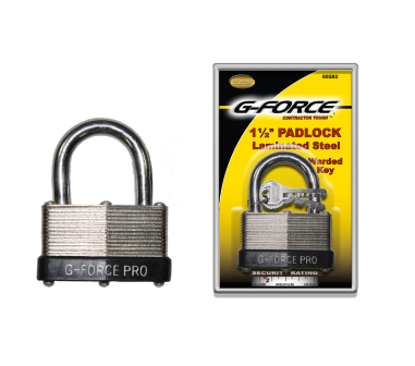 The image features a G FORCE 60282 1-1/2 in. Warded Key Steel Laminated Padlock against a yellow backdrop labeled 1½” Padlock, Laminated Steel, with the padlock also displayed separately outside its packaging.