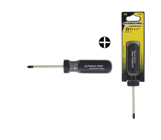 The image displays a G-FORCE 21400 #0 x 2 in. Phillips Screwdriver with an Ergo Grip handle, featuring a black handle and chrome vanadium silver shaft. It is shown solo in yellow/black Contractor Tough packaging marked with a plus sign.