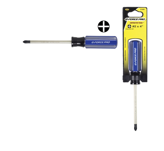 Image of the G-FORCE 21422 #0 x 4 in. Pocket Phillips Screwdriver with blue and black handle, shown unpackaged and in its yellow packaging. Ideal for home maintenance, it features durable chrome vanadium construction for reliable performance. Brand: G FORCE.