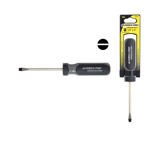 Image of G-FORCE 21410 Slotted Screwdriver in its signature yellow/black packaging, highlighting the Ergo Grip Handle and robust 2-inch chrome vanadium shaft.