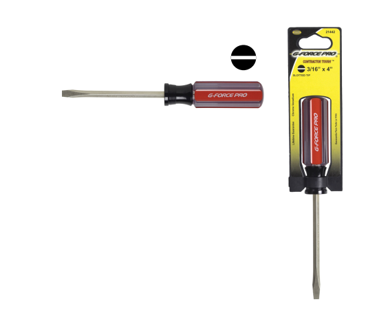 The G-FORCE 21460 Mechanics Slotted Screwdriver has a chrome vanadium flathead measuring 5/16 x 6. Its black and red handle is designed for precision with flat-head screws, and it comes in eye-catching yellow and black packaging.