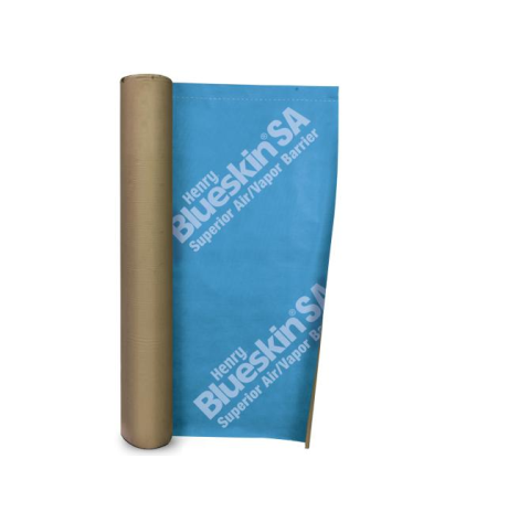 A 12 in. x 75 ft. roll of Henry Blueskin SA, with brown paper backing and a partially unrolled blue exterior, features the white text Henry Blueskin SA Superior Air/Vapor Barrier and includes an SBS rubberized asphalt self-adhering membrane for enhanced performance.