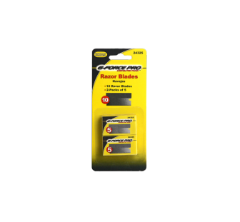 The G-Force Single Edge Blades feature 10 sharp-edged, high-carbon steel blades in yellow and black packaging. They come in two packs of five, visible through clear sections, with 10 Razor Blades and 24395 prominently displayed.