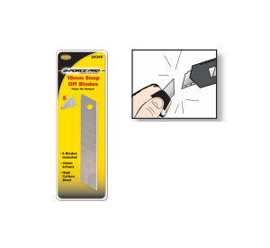 The G-FORCE REPLACEMENT 24345 package contains 5 high-carbon steel, 18MM (8 Point) Snap Knife Blades and a dispenser. It features an illustration of a hand snapping a blade segment, perfect for precision box cutting.