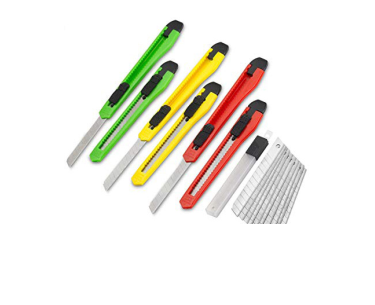 The G-FORCE 24259 Snap Knife set includes six retractable utility knives in green, yellow, and red with black sliders and a self-locking push button. Snap-off blades are displayed to the right.