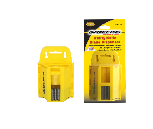 The G-FORCE PLASTIC UTILITY KNIFE DISPENSER 24315 holds 50 sharp blades with durable construction, branded as G Force Pro Contractor Tough, and features a transparent section to reveal the blades inside.