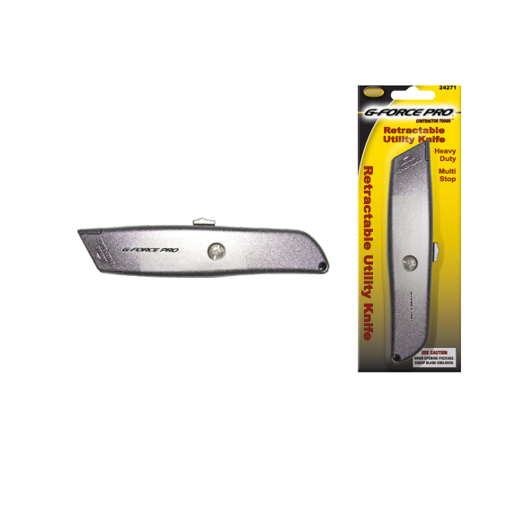 The G-FORCE RETRACTABLE Utility Knife Metal Carded by G FORCE features a zinc die-cast body. Displayed on a white backdrop and in its yellow and black packaging with bold red text, it highlights heavy duty and multi stop capabilities.