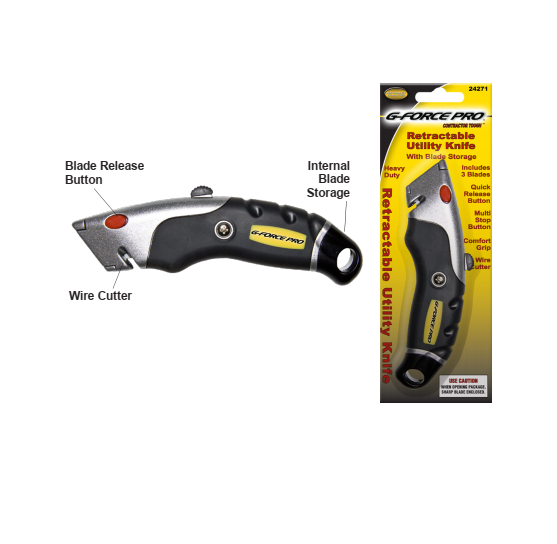 Image of the G-FORCE RETRACTABLE Utility Knife by G FORCE, featuring durable metal construction and a rubberized grip. Includes blade release button, wire cutter, internal blade storage, and packaging that highlights its stainless steel blade and multipurpose functionality.