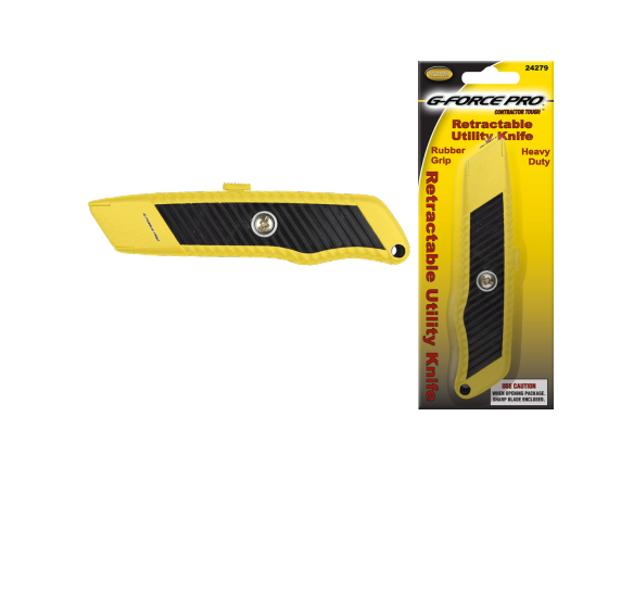 The G-FORCE RETRACTABLE Utility Knife features durable metal construction and a rubber grip for improved control. Caution: USE CAUTION WHEN OPENING: Snap Blade Enclosed. Packaging labeled G-FORCE PRO. Colors are yellow and black. Brand is G FORCE.